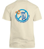 Back of cream t-shirt with 'Friends don't let friends burp jars' logo on a white background