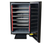 Black and red Cool Cure with open door on a white background