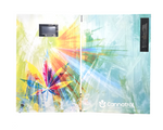 Paint splash leaf wrapped Cannatrol Cool Cure, open view showing front and side panels of the cannabis drying, curing and storage unit.