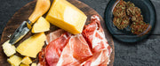 Hard cheese wedge, sliced prosciutto, and cured cannabis buds side by side, showing how the same drying and curing principles produce top-shelf cheese, aged meat, and premium cannabis.