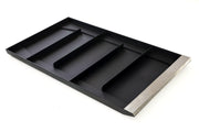 Black drain tray with cutouts on a white background