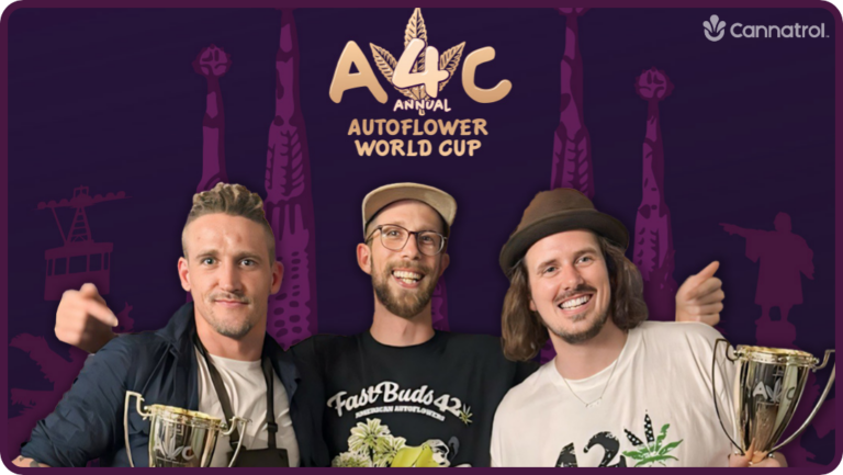 Three men celebrating with trophies at the A4C Autoflower World Cup event.