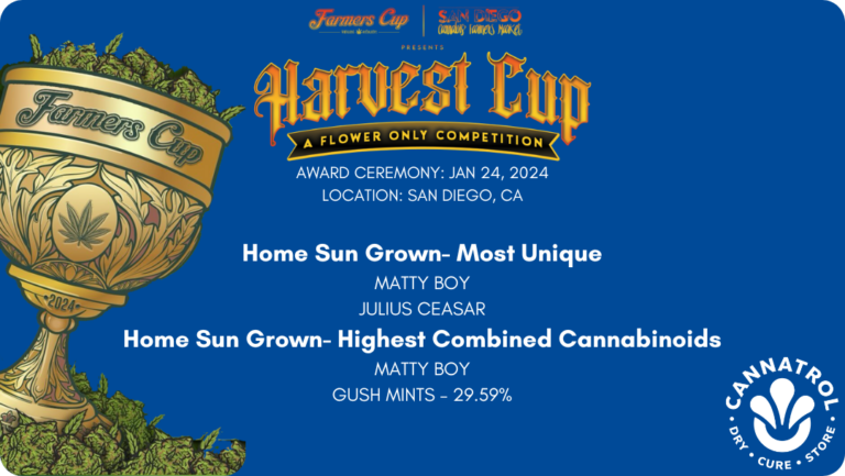 Promotional flyer for the 'Harvest Cup' competition with a gold trophy and cannabis-related text on a blue background.