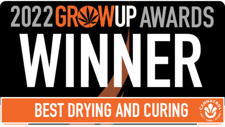 2022 Grow Up Awards Winner badge for Best Drying and Curing with branding elements.