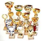 Collection of gold, silver, and bronze trophies on a white background