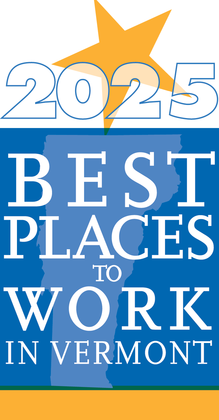 Logo for '2025 Best Places to Work in Vermont' with a blue outline of Vermont and a yellow star.