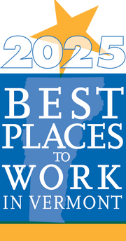 Logo for '2025 Best Places to Work in Vermont' with a blue outline of Vermont and a yellow star.