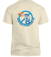 Back of cream t-shirt with 'Friends don't let friends burp jars' logo on a white background