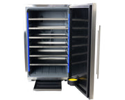 Stainless steel Cool Cure with open door on a white background