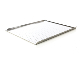Metal cure tray with perforated design on a white background
