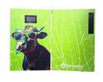 Cannatrol Cool Cure cannabis curing box with custom cow wrap featuring a grass-fed cow with sunglasses design on front. Open view showing green leaf background that carries from front panel to side panel.