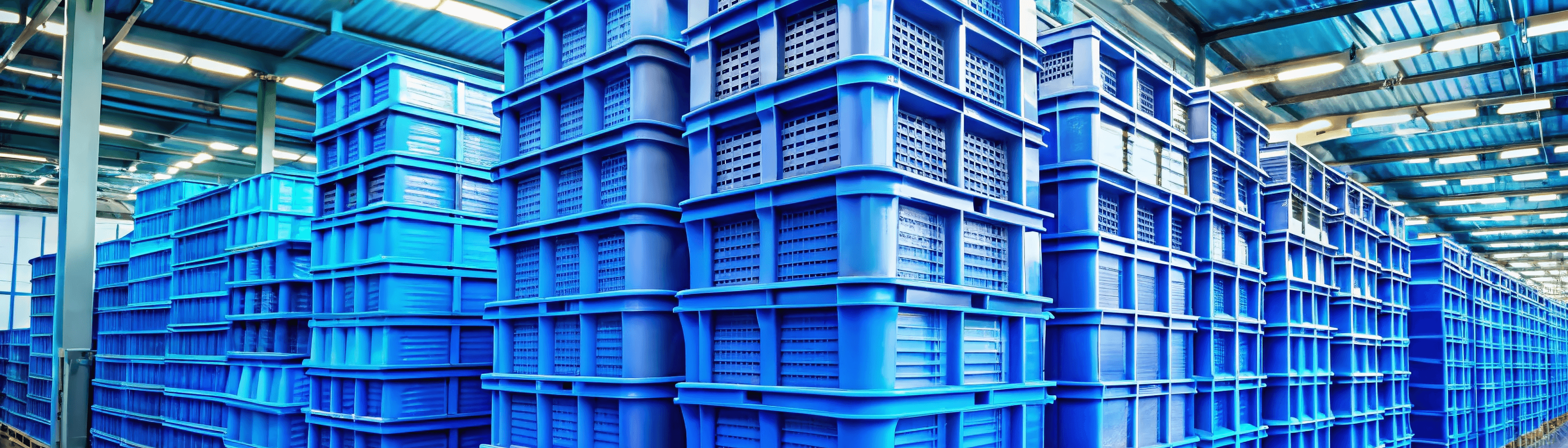 Row of blue plastic crates stacked in a warehouse.
