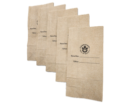 Set of five brown hemp bags with printed text and a logo on a white background