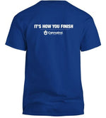 Back of blue How You Finish t-shirt on a white background