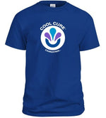 Front of blue How You Finish t-shirt with Cool Cure logo on a white background