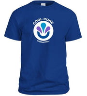 Front of blue How You Finish t-shirt with Cool Cure logo on a white background