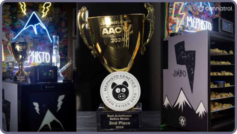 Gold trophy with 'Los Angeles AACV 2024' and 'Mehito Genetics' branding, surrounded by neon signs and product displays.