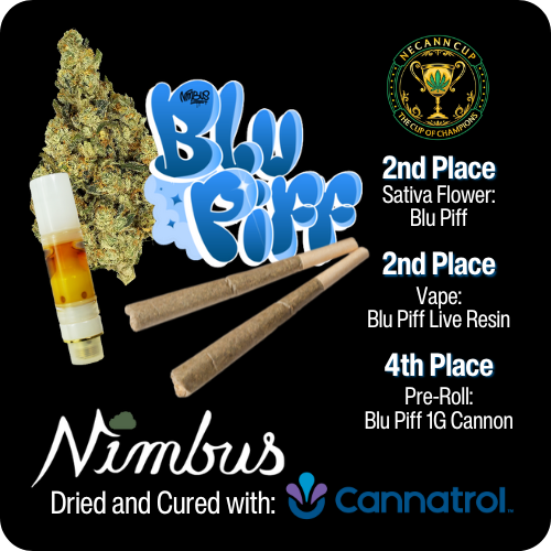 Promotional graphic for Blu Piff with cannabis products and awards on a black background