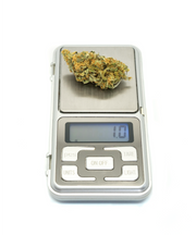 Digital scale with a cannabis bud on a white background