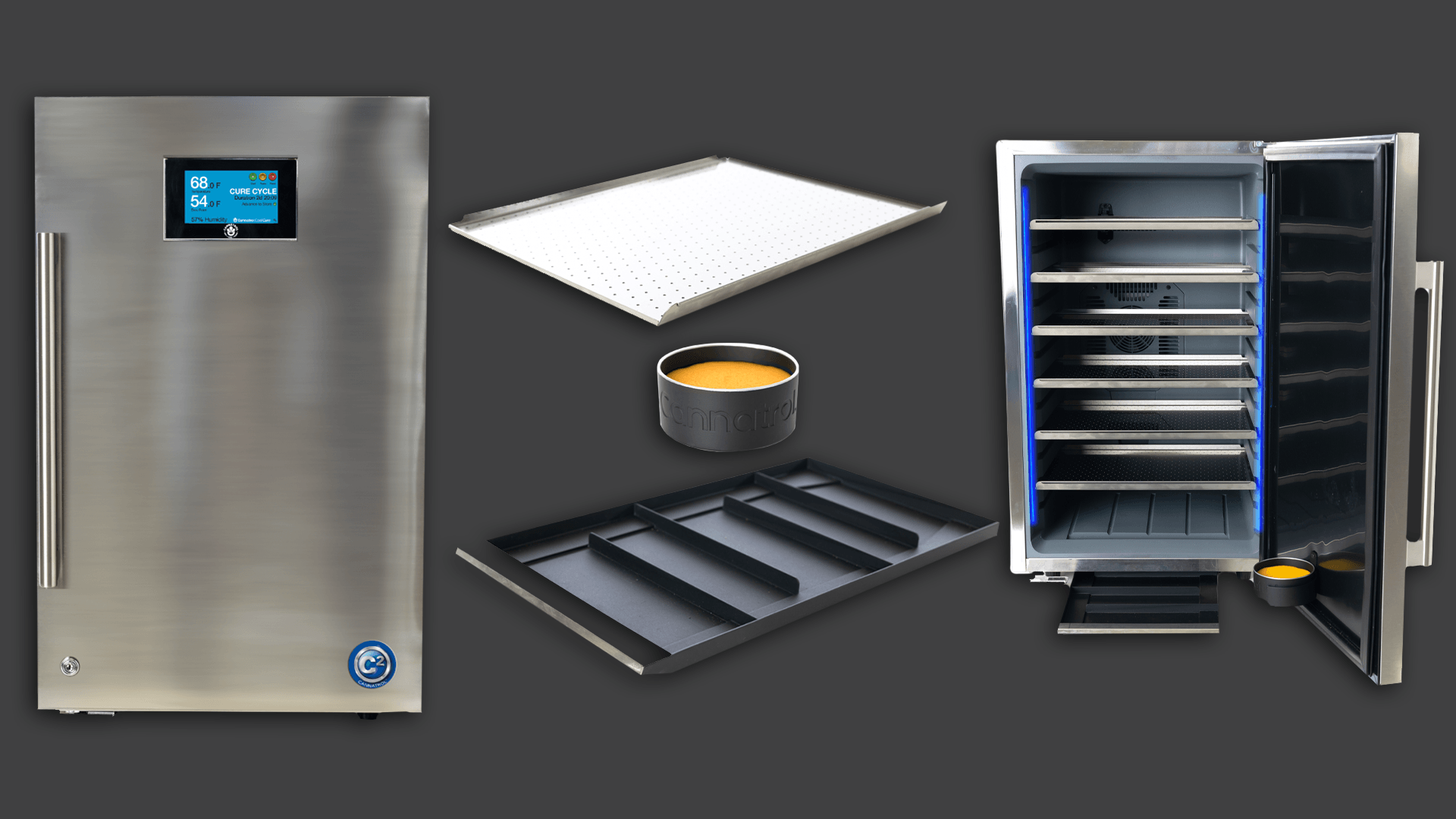 Stainless steel drying and curing unit including a Cool Cure, trays, and an open view.