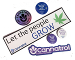 Collection of Cannatrol branded stickers with text and graphics on a white background