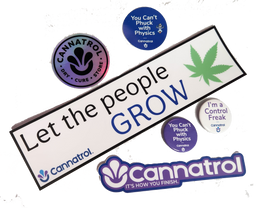 Collection of Cannatrol branded stickers with text and graphics on a white background