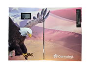 Cannatrol Cool Cure cannabis curing box with custom veteran wrap featuring a bald eagle and American flag design on front. Open view showing flag and eagle wing background that carries from front panel to side panel.