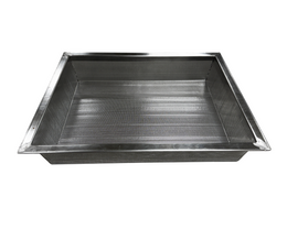 Stainless steel mesh tray on a white background