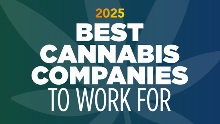 Text '2025 Best Cannabis Companies to Work For' on a blue and green gradient background